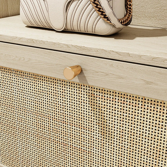 Natural bohemian shoe cabinet with rattan drawers and gold knob hardware on Tampa Home & Garden Store