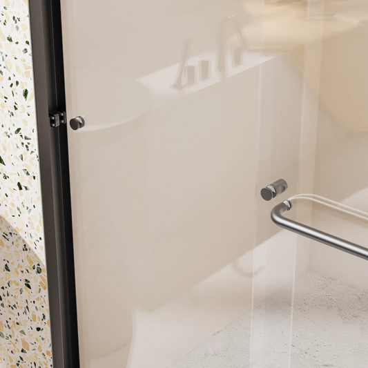 Matte black semi-frameless sliding shower door with glass fits 44-48 in openings on Tampa Home & Garden Store