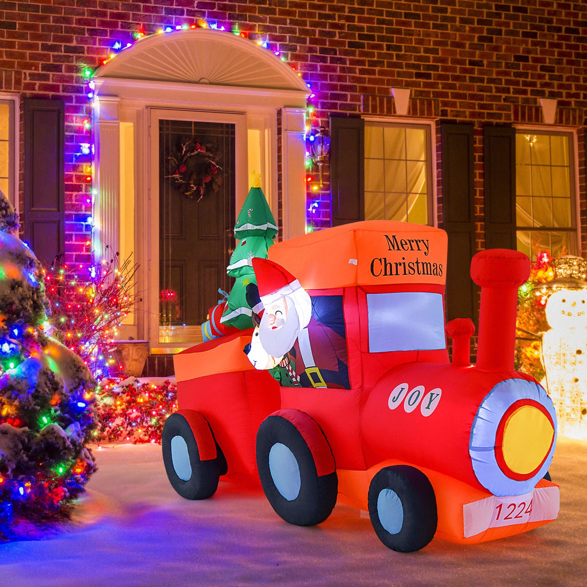 8.6 ft DirectDeals Christmas inflatable train with Santa and deer, illuminated red carriages on Tampa Home & Garden Store