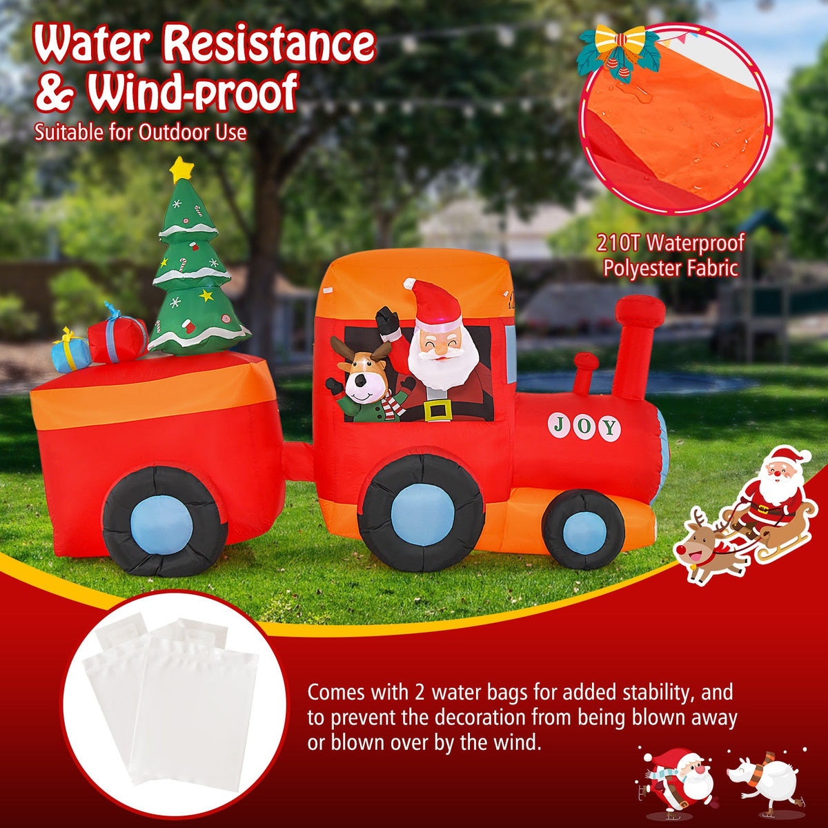 8.6ft lighted Christmas inflatable train with Santa and reindeer, orange-red colors on Tampa Home & Garden Store