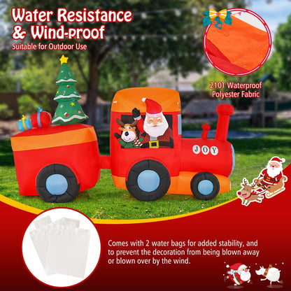 8.6ft lighted Christmas inflatable train with Santa and reindeer, orange-red colors on Tampa Home & Garden Store