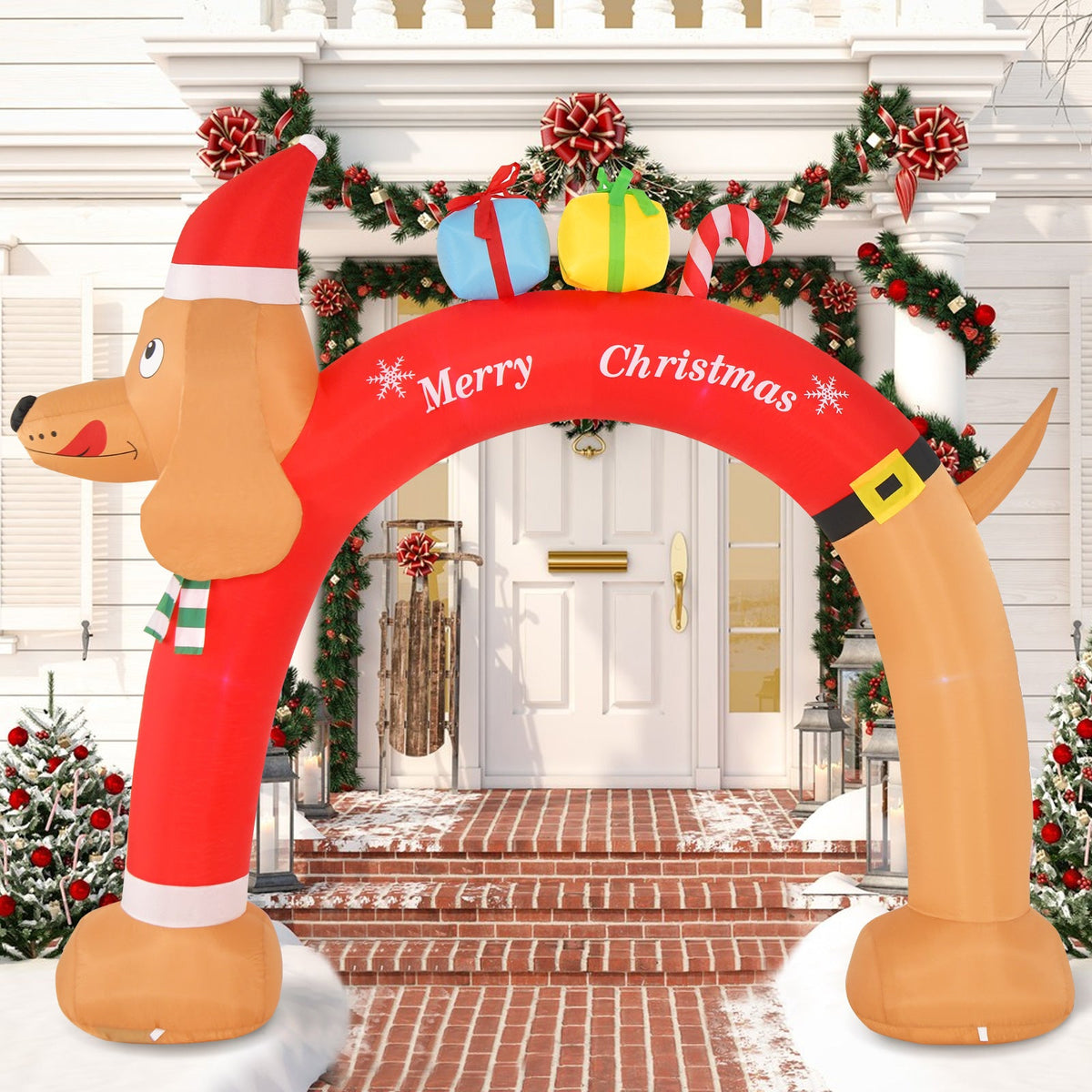 8 ft lighted dachshund inflatable arch with air blower Merry Christmas text and gift toppers on Tampa Home & Garden Store