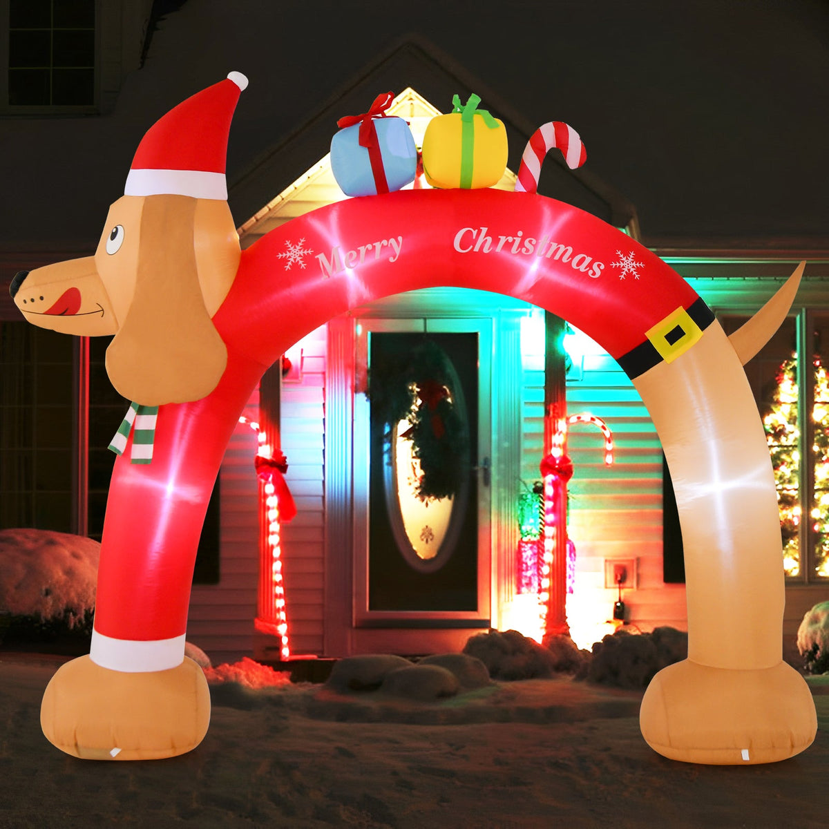 8 ft lighted inflatable dachshund arch DirectDeals with Santa-hat ends and gifts air blower on Tampa Home & Garden Store