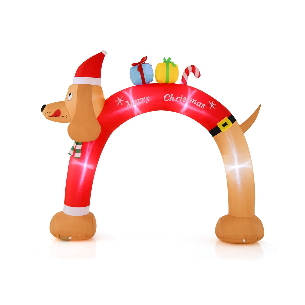 8ft lighted inflatable dachshund arch by DirectDeals with Santa hat and gifts on top on Tampa Home & Garden Store