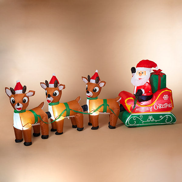 8Ft Long Lighted Christmas Santa Claus On Sleigh With 3 Reindeer - Tampa Home & Garden Store