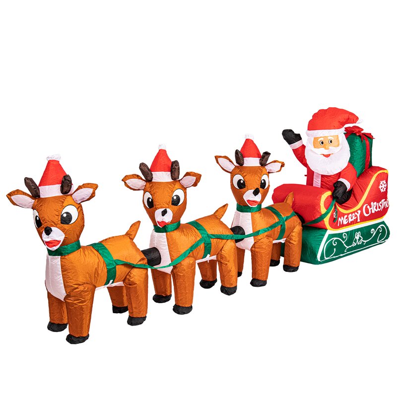 8Ft Long Lighted Christmas Santa Claus On Sleigh With 3 Reindeer - Tampa Home & Garden Store
