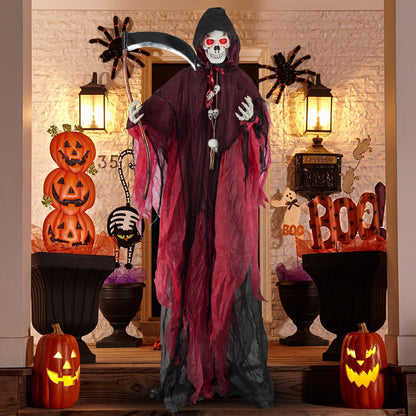 8 ft Halloween Grim Reaper prop in red-black robe with lighted eyes and sounds on Tampa Home & Garden Store