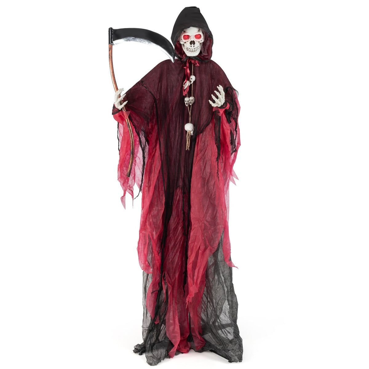 8 ft DirectDeals grim reaper prop with red/black robe, hood, skull face and lighted eyes, scythe on Tampa Home & Garden Store