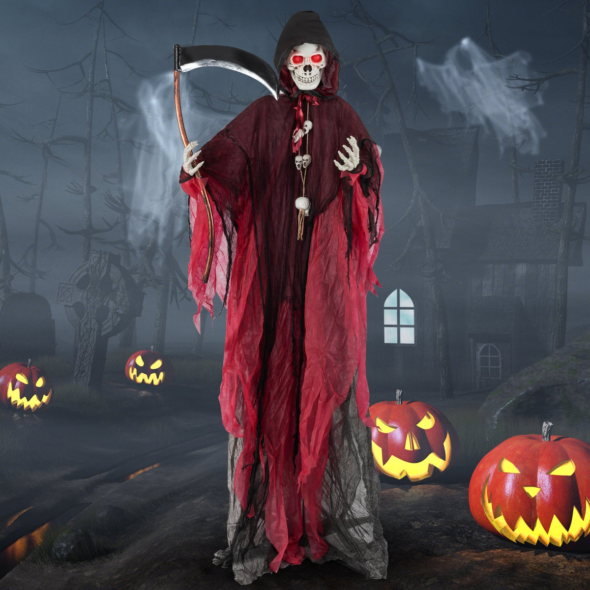 8 ft Grim Reaper standing prop with red/black tattered cape and glowing red eyes on Tampa Home & Garden Store