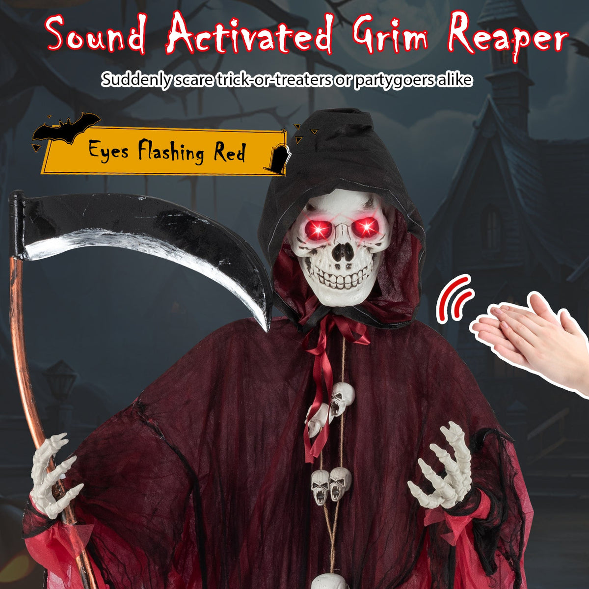 8 ft standing Grim Reaper prop with lighted red eyes, hooded cloak and scythe on Tampa Home & Garden Store