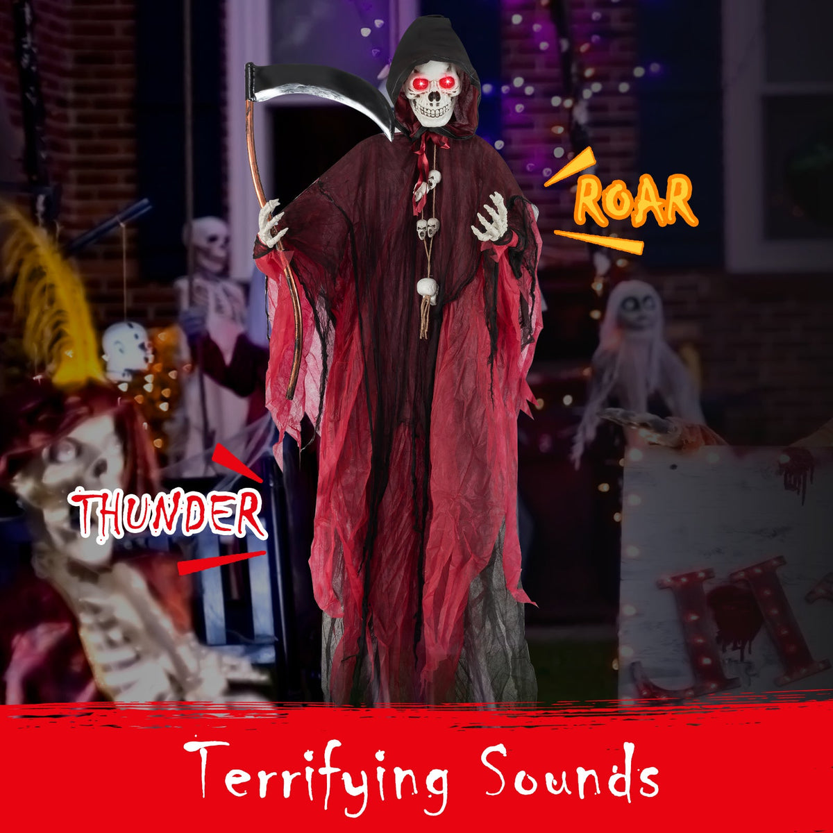 8ft Grim Reaper figure by DirectDeals with red-tinted tattered robes and glowing eyes on Tampa Home & Garden Store