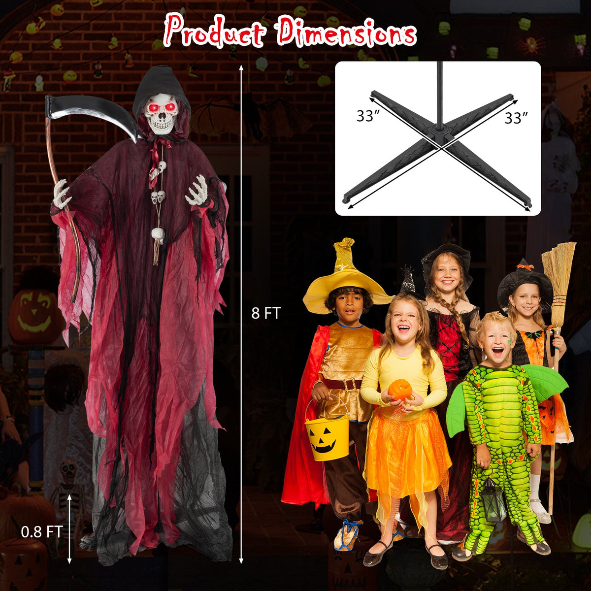 Grim Reaper 8 ft prop DirectDeals with lighted eyes on cross stand on Tampa Home & Garden Store