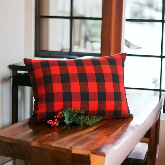 Red Buffalo Throw Pillow Wild at Heart Gia Roma plaid cushion on wood bench on Tampa Home & Garden Store