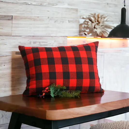Red Buffalo Cushion red and black buffalo plaid throw pillow Gia Roma Wild at Heart pillows on Tampa Home & Garden Store
