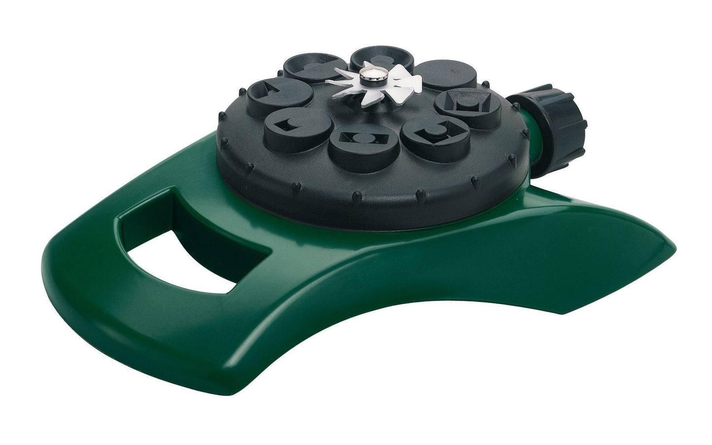 8-pattern plastic turret sprinkler hose-end Orbit Irrigation, black top with green handle on Tampa Home & Garden Store