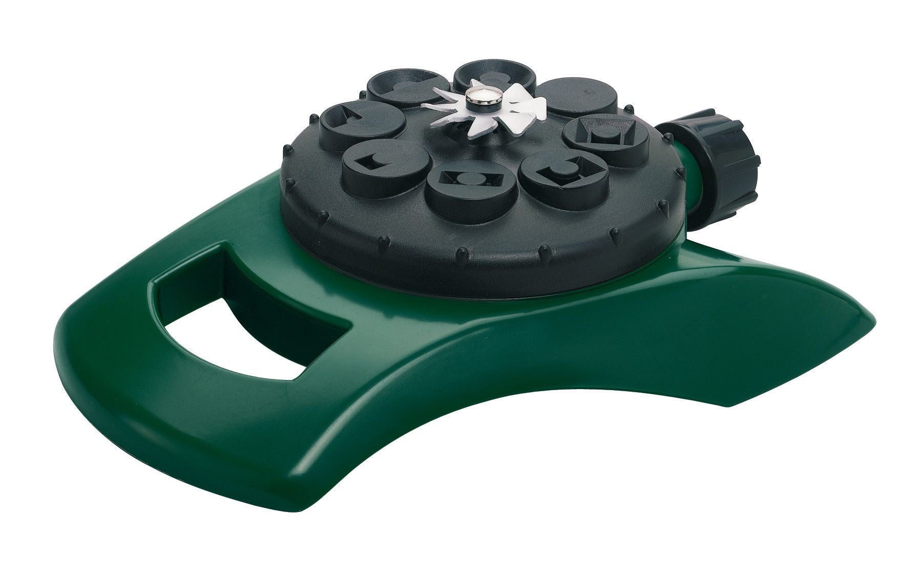 8-pattern plastic turret sprinkler hose-end Orbit Irrigation, black top with green handle on Tampa Home & Garden Store