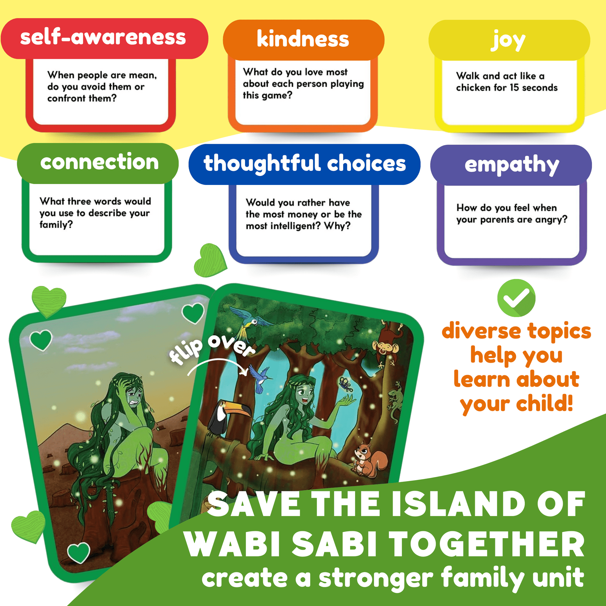 Saving Wabi Sabi educational toy with color cards labeled self-awareness, kindness, joy on Tampa Home & Garden Store