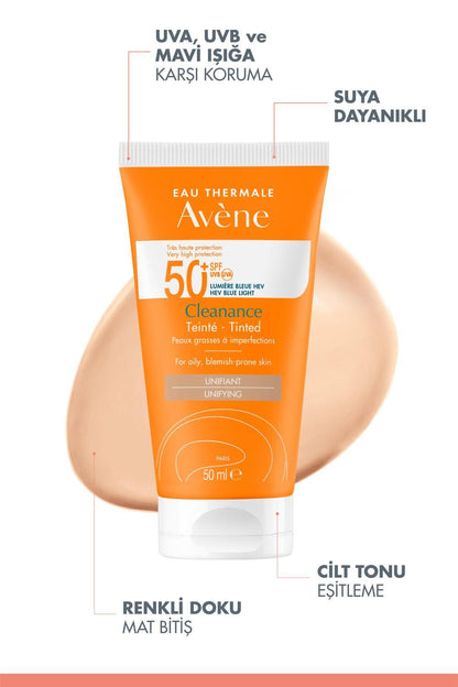 Avène Cleanance tinted SPF 50+ sunscreen for oily acne-prone skin in orange tube on Tampa Home & Garden Store