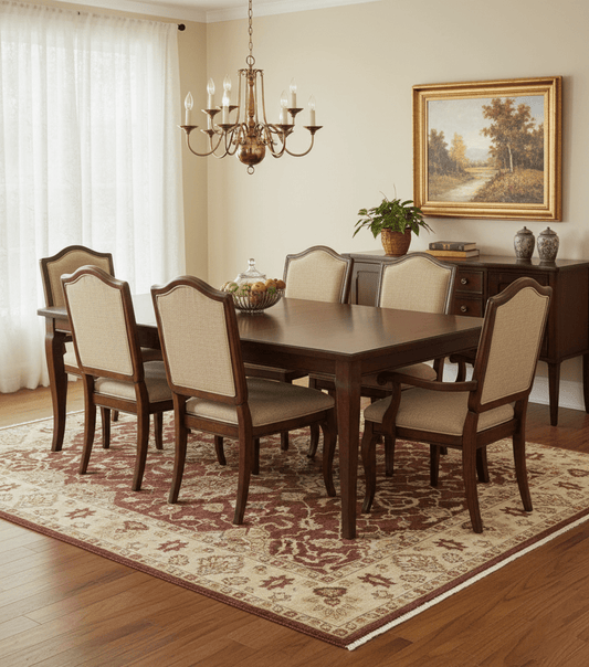8x10 hand knotted burgundy and gold wool area rug under dining table in traditional dining room on Tampa Home & Garden Store