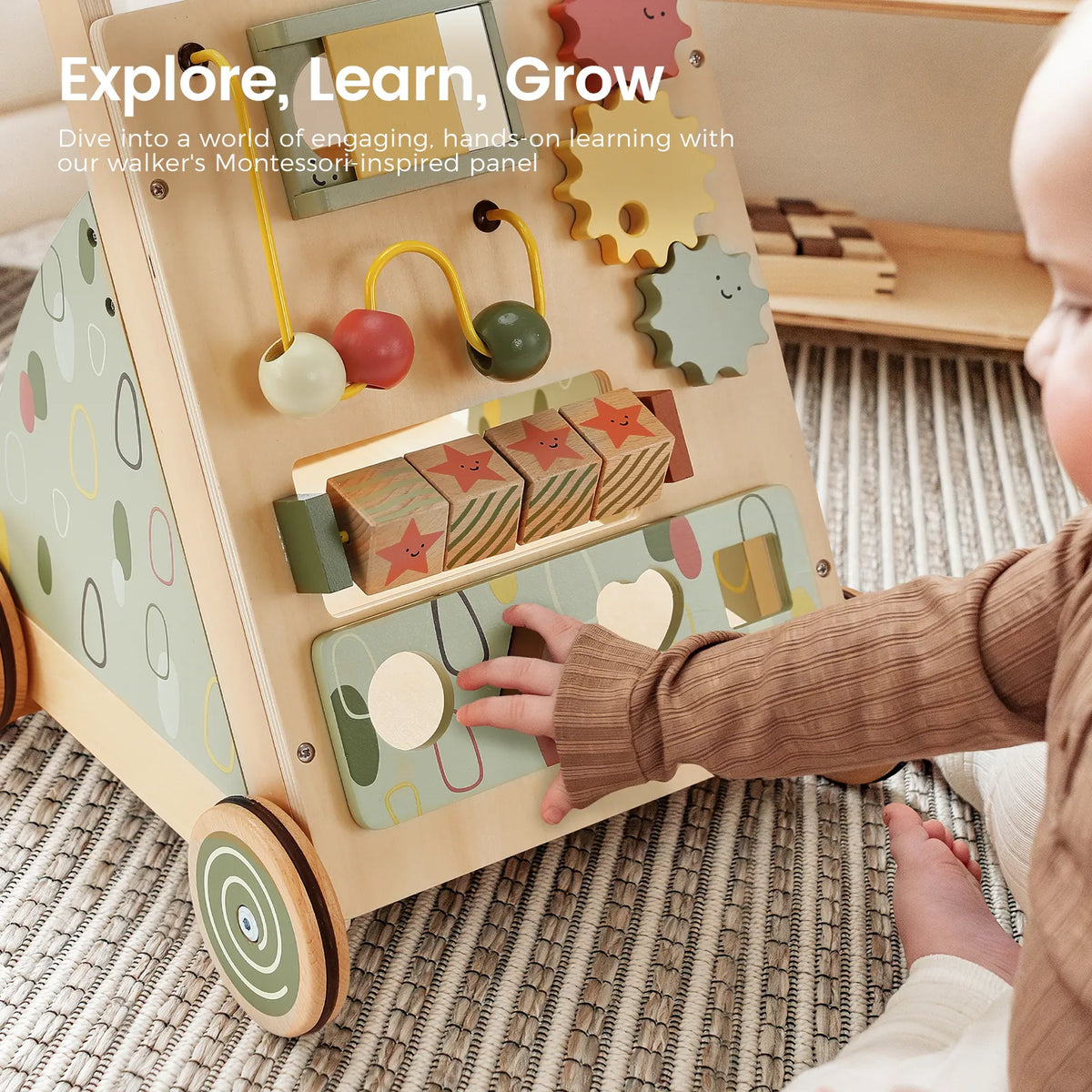Tiny Land Sage Green Wooden Baby Walker with Montessori-inspired beads by Tiny Land INC on Tampa Home & Garden Store