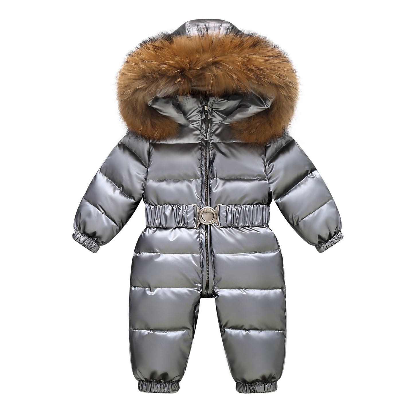 Stevvex baby winter snowsuit with fur-trim hood, silver quilted puffer, belt buckle, zip front on Tampa Home & Garden Store