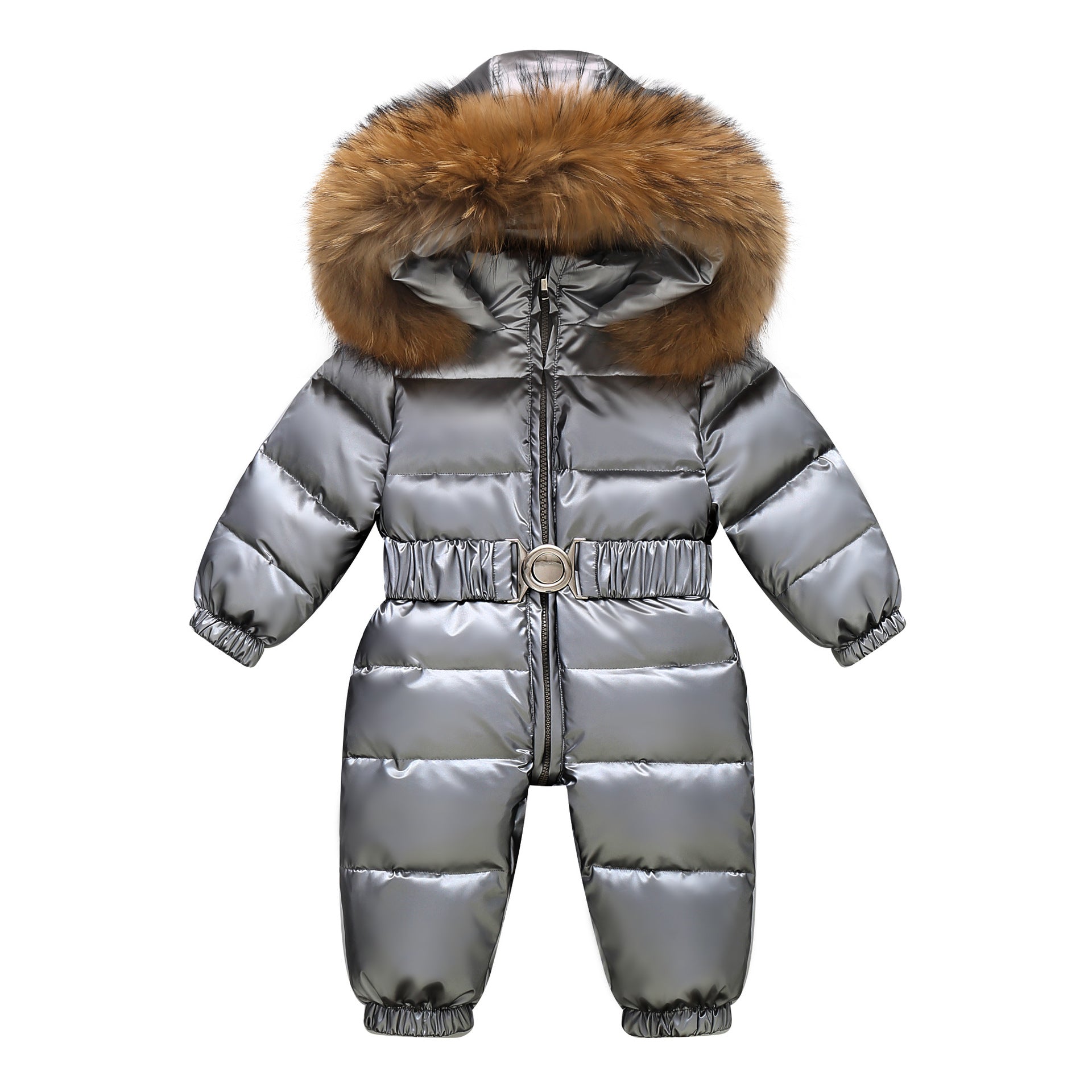 Stevvex baby winter snowsuit with fur-trim hood, silver quilted puffer, belt buckle, zip front on Tampa Home & Garden Store