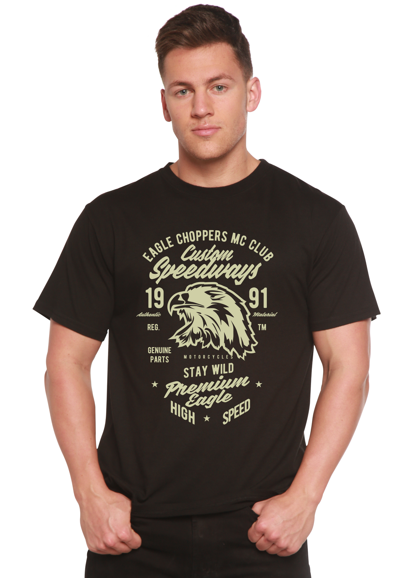 Mens graphic t-shirt Custom Speedways Eagle by Spun Bamboo, black with cream eagle design on Tampa Home & Garden Store