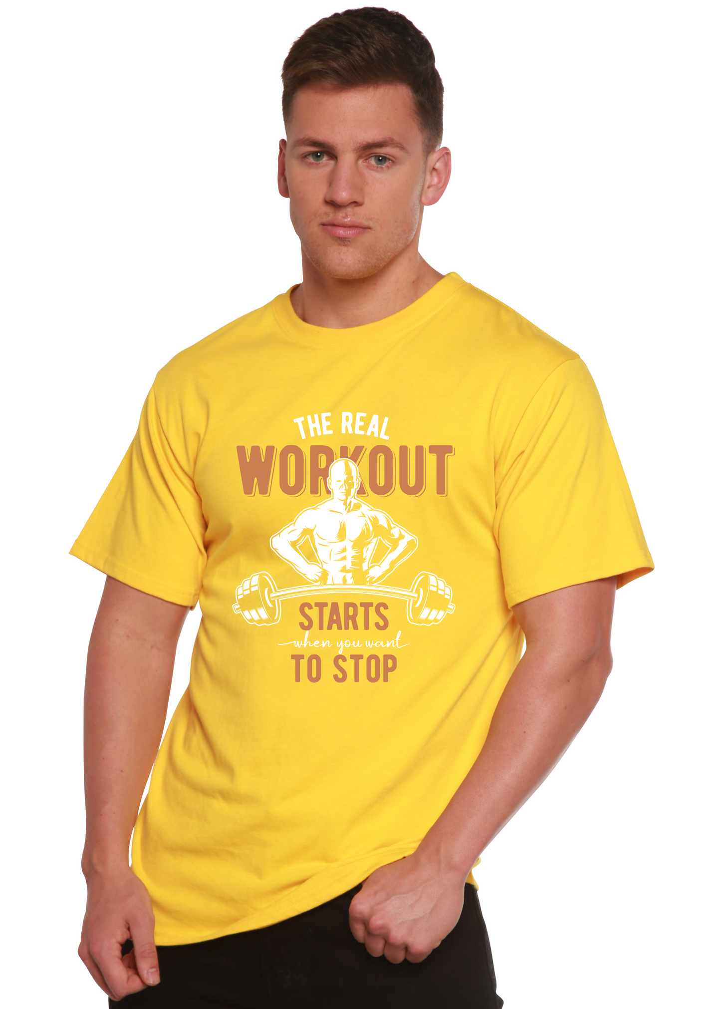 Spun Bamboo yellow men's tee bamboo viscose/organic cotton with gym figure print on Tampa Home & Garden Store