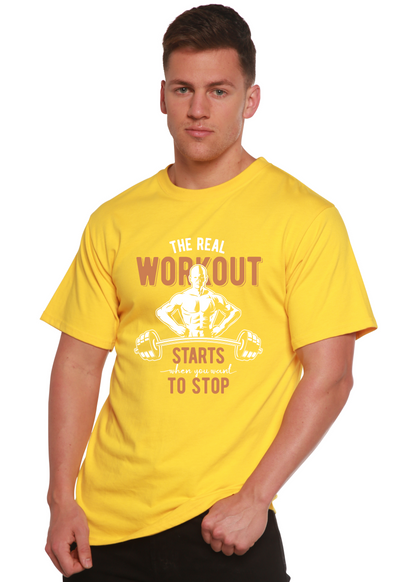 Spun Bamboo yellow men's tee bamboo viscose/organic cotton with gym figure print on Tampa Home & Garden Store