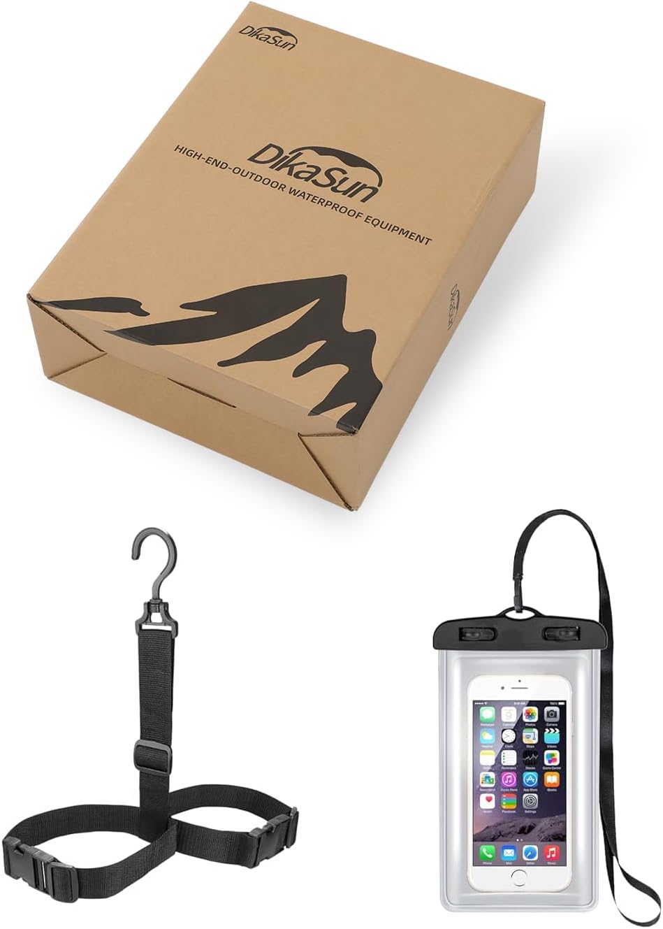 Waders packaging box by Dikasun Outdoor with logo, plus adjustable wading belt and waterproof phone case with strap on Tampa Home & Garden Store