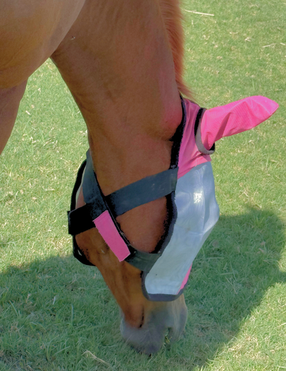 ByeBye Fly Mask by TailCinch Equine Products, pink horse fly mask on a palomino in a grassy field on Tampa Home & Garden Store