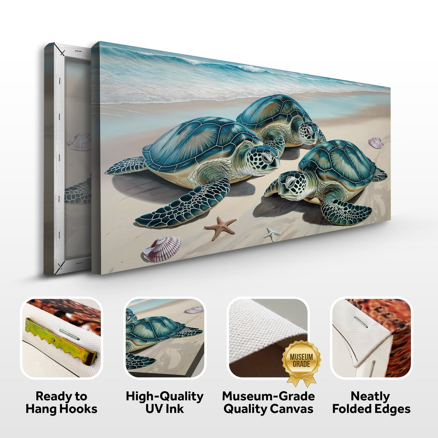 3D Coastal Wall Art III canvas by Tailored Canvases featuring turquoise sea turtles on sand on Tampa Home & Garden Store