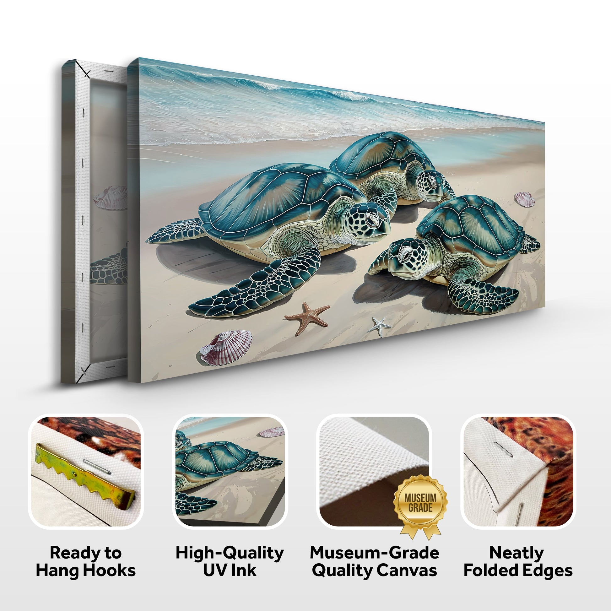 3D Coastal Wall Art III canvas by Tailored Canvases featuring turquoise sea turtles on sand on Tampa Home & Garden Store