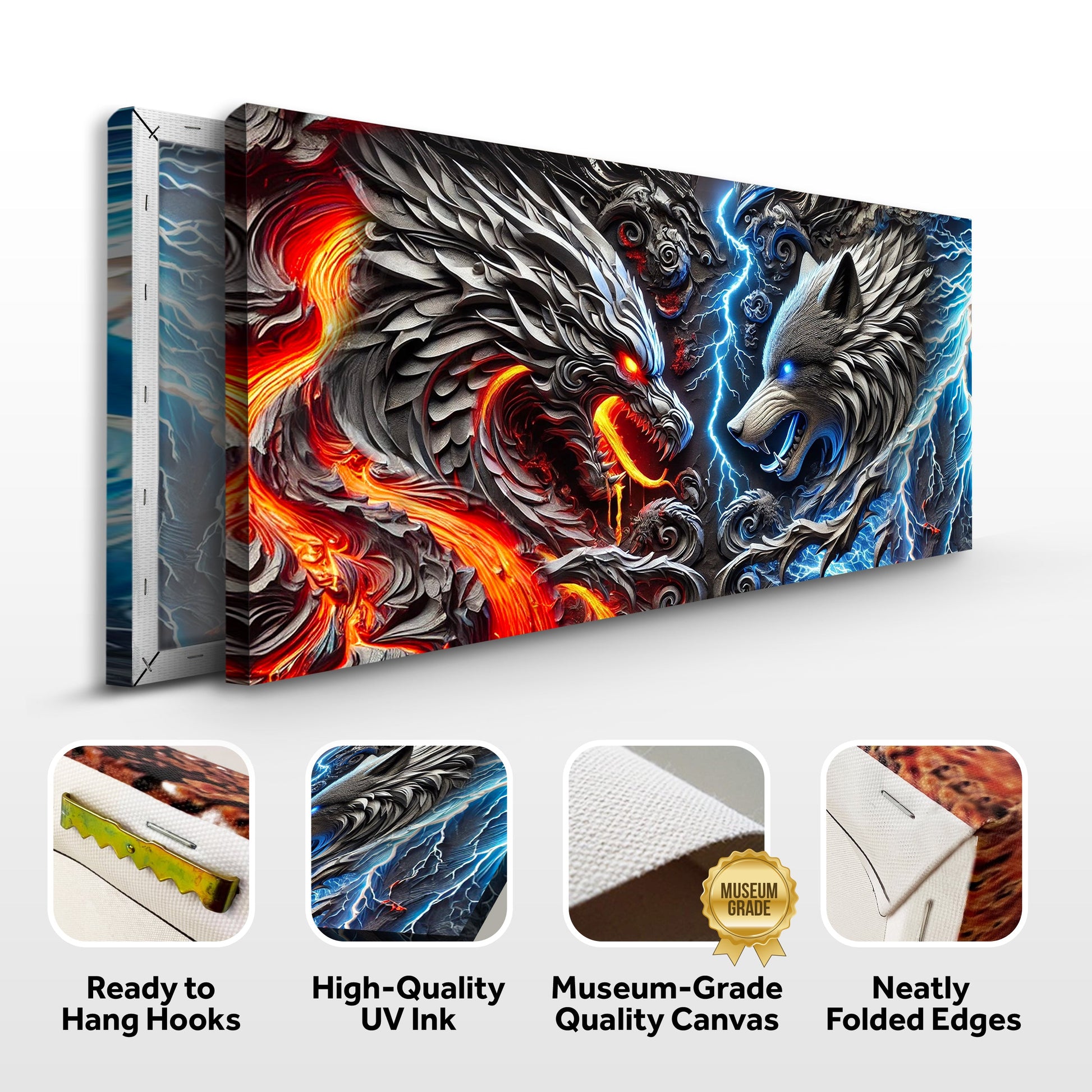 3D Dragon and Wolf Wall Art IV canvas by Tailored Canvases featuring fiery dragon and blue wolf on Tampa Home & Garden Store
