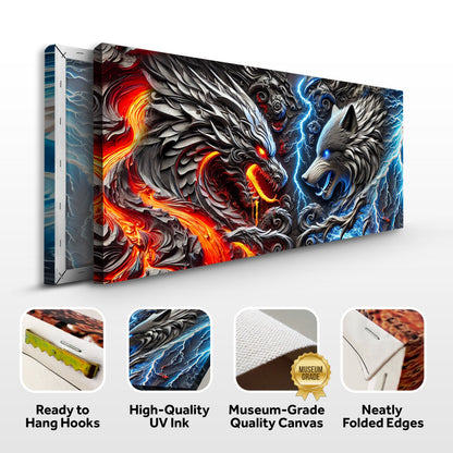 3D Dragon and Wolf Wall Art IV canvas by Tailored Canvases featuring fiery dragon and blue wolf on Tampa Home & Garden Store