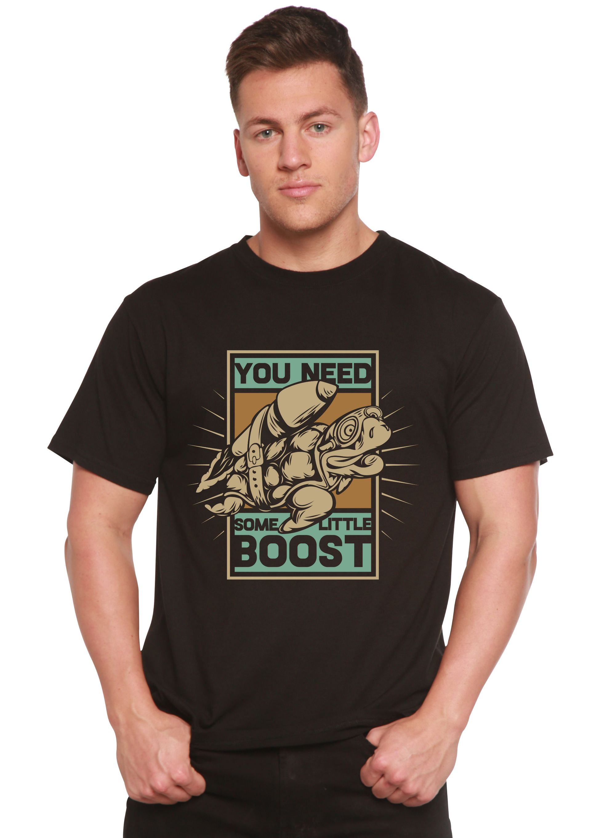 You Need Boost men's black bamboo viscose/organic cotton graphic tee with fist design on Tampa Home & Garden Store