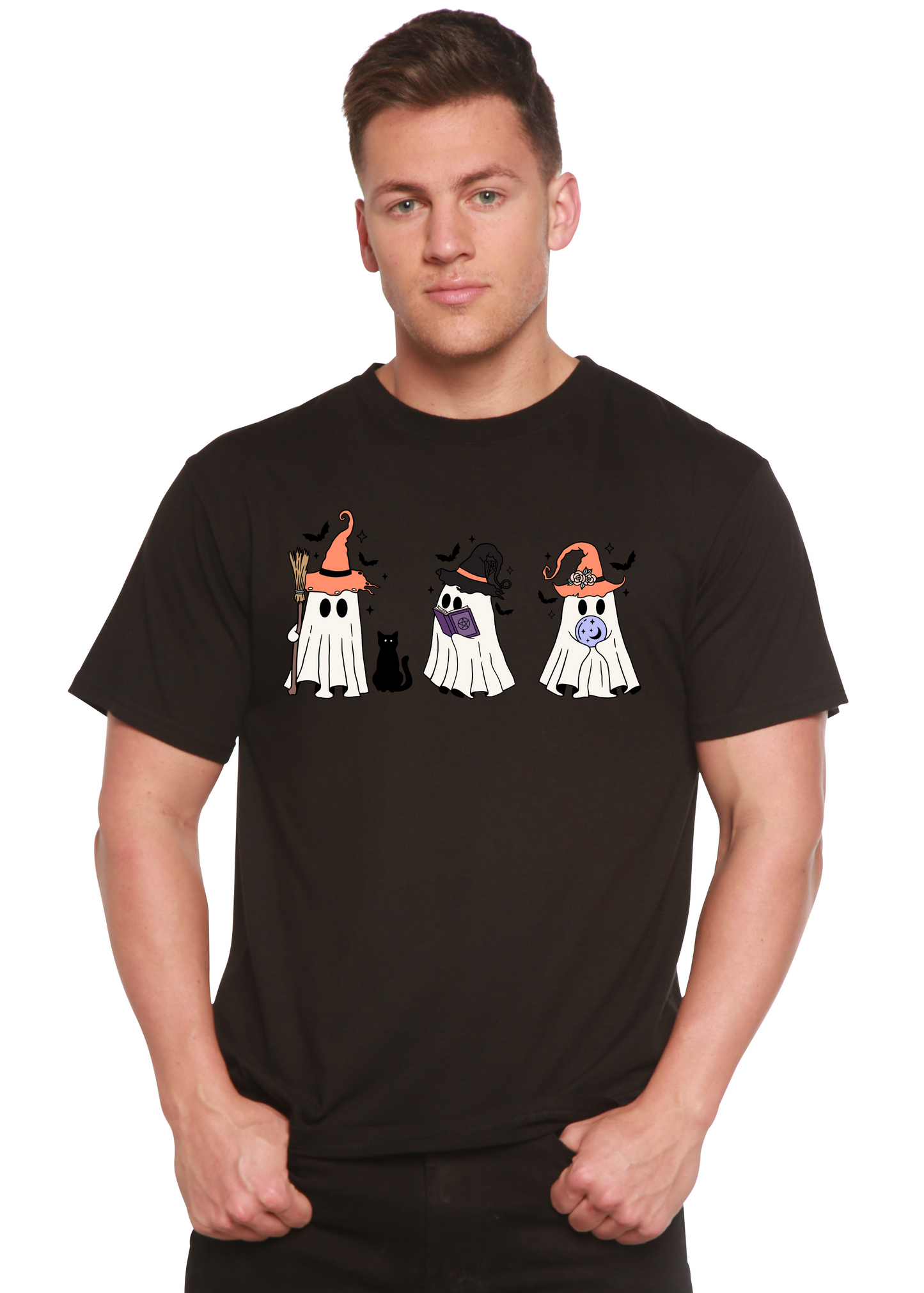 Men's Halloween Boo Tee in black bamboo viscose/organic cotton, short sleeve with 3 ghosts on Tampa Home & Garden Store