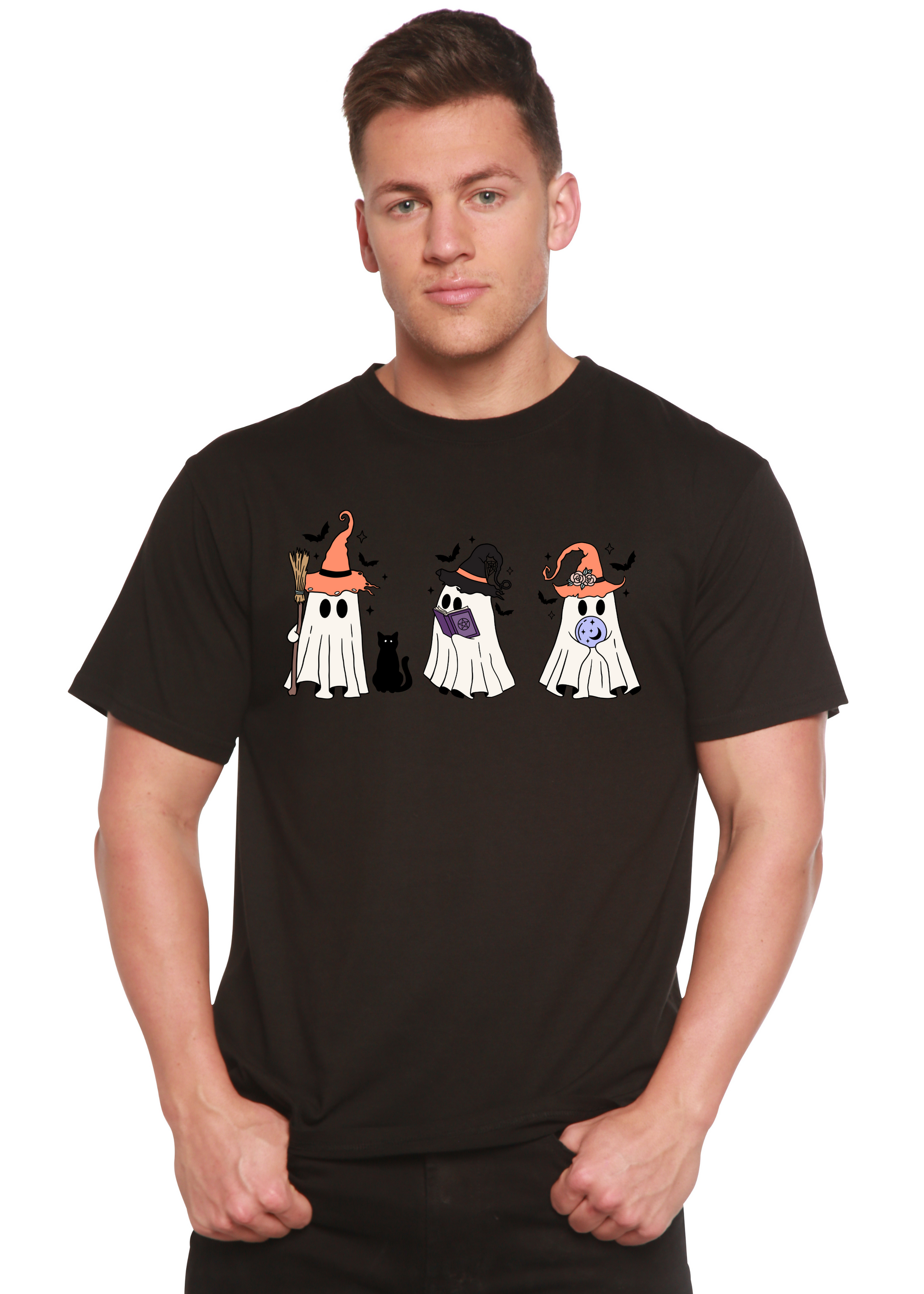 Men's Halloween Boo Tee in black bamboo viscose/organic cotton, short sleeve with 3 ghosts on Tampa Home & Garden Store