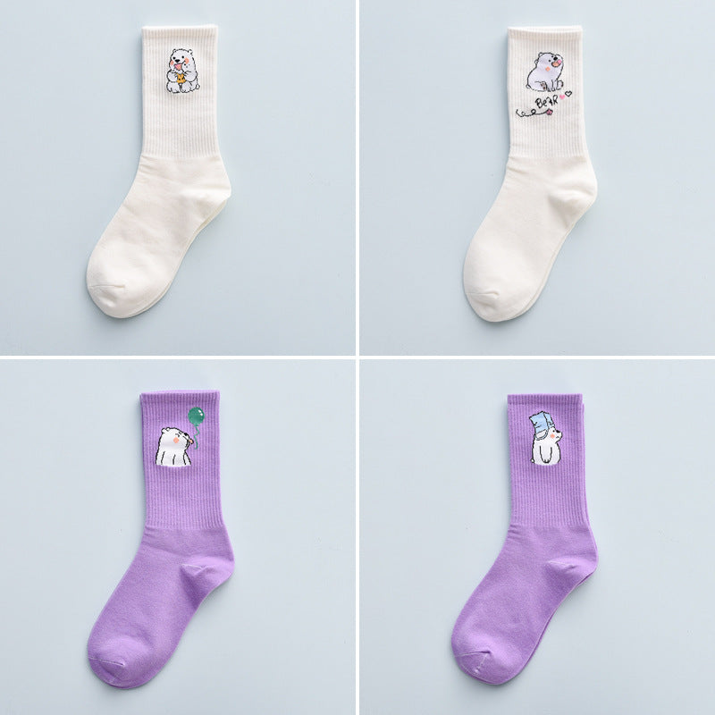 Stevvex bear print crew socks 4-pack white and purple cotton on Tampa Home & Garden Store