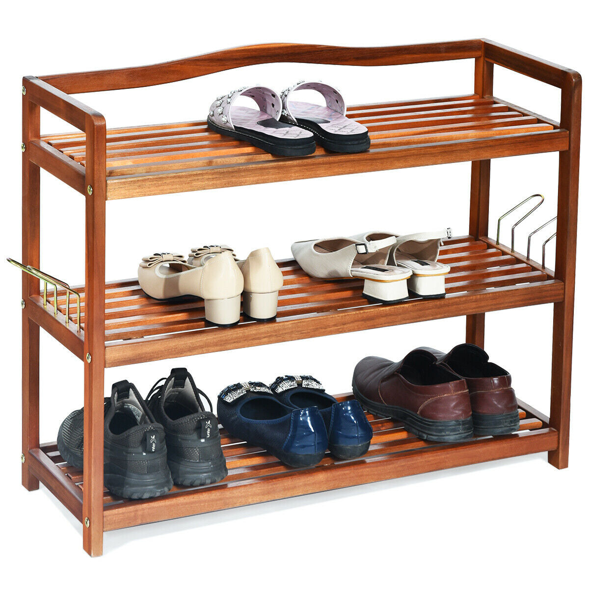 2-Tier acacia wood shoe rack with 4 side metal hooks in warm brown finish on Tampa Home & Garden Store