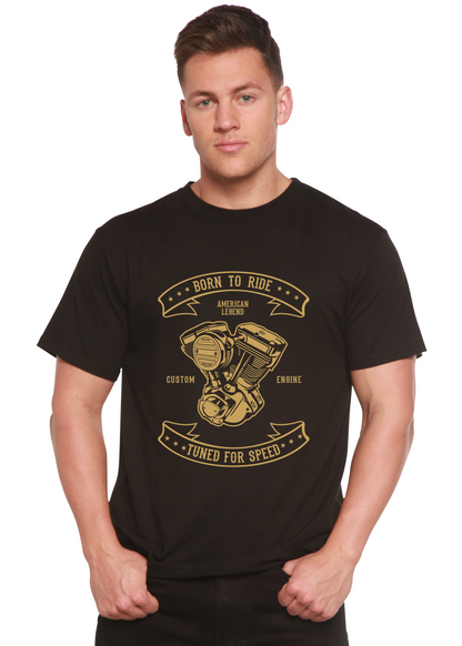 Born To Ride men's black bamboo tee with gold engine graphic by Spun Bamboo on Tampa Home & Garden Store