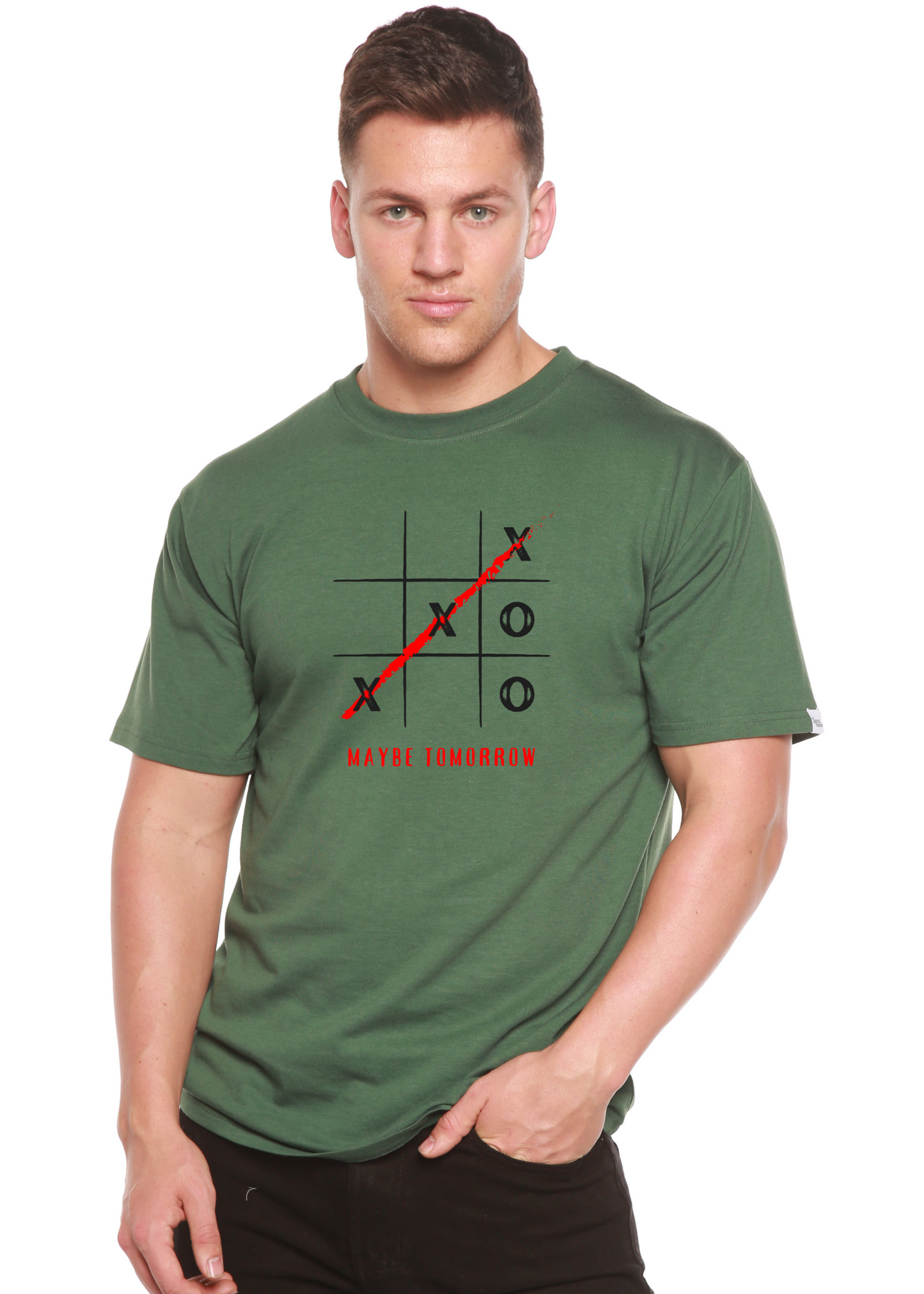 Maybe Tomorrow bamboo/cotton graphic tee olivegreen with black grid and red diagonal Spun Bamboo on Tampa Home & Garden Store