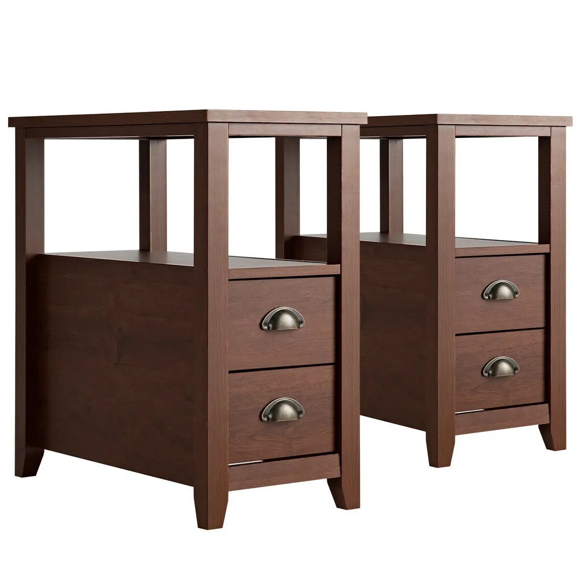 Set of 2 Wooden End Tables with Drawers and Shelf