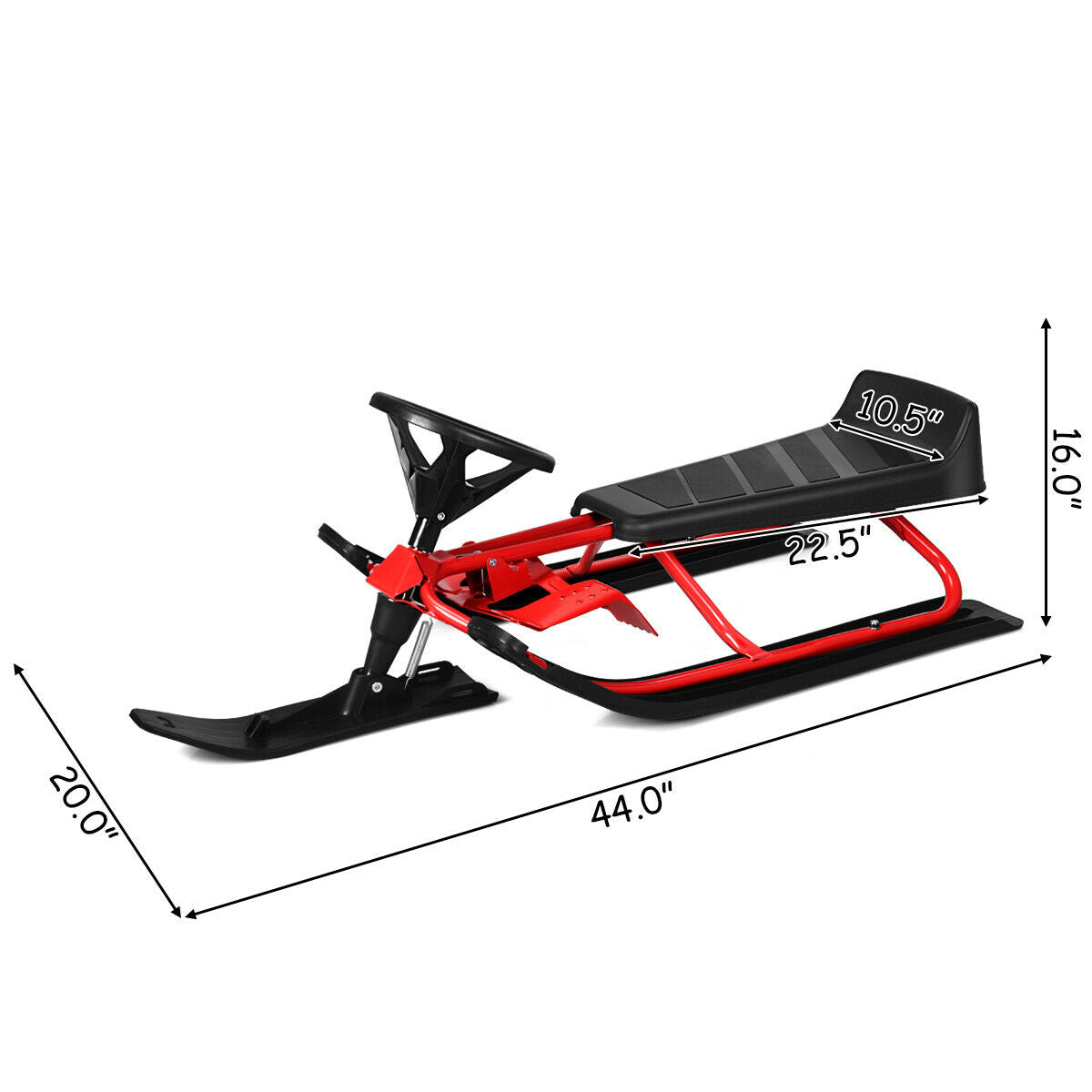 Kids snow sled with steering wheel, pull rope, red frame, black seat and dual brakes on Tampa Home & Garden Store
