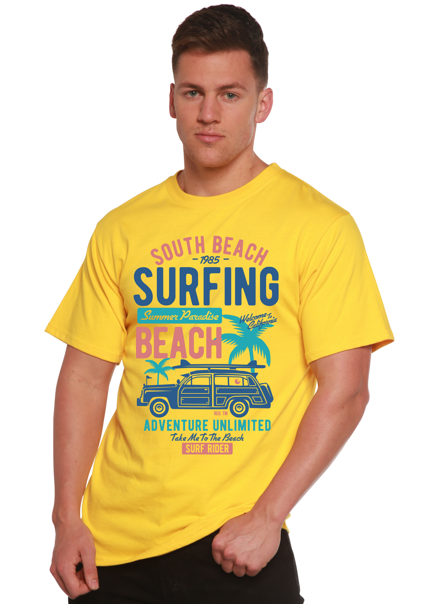 South Beach Spun Bamboo men's yellow short sleeve graphic tee with surfing beach print on Tampa Home & Garden Store