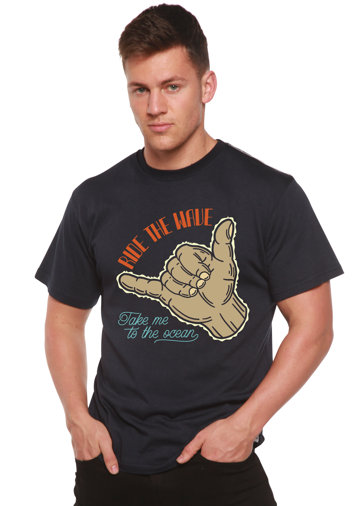 Ride The Wave navy bamboo viscose/organic cotton graphic tee with tan hand graphic and text on Tampa Home & Garden Store