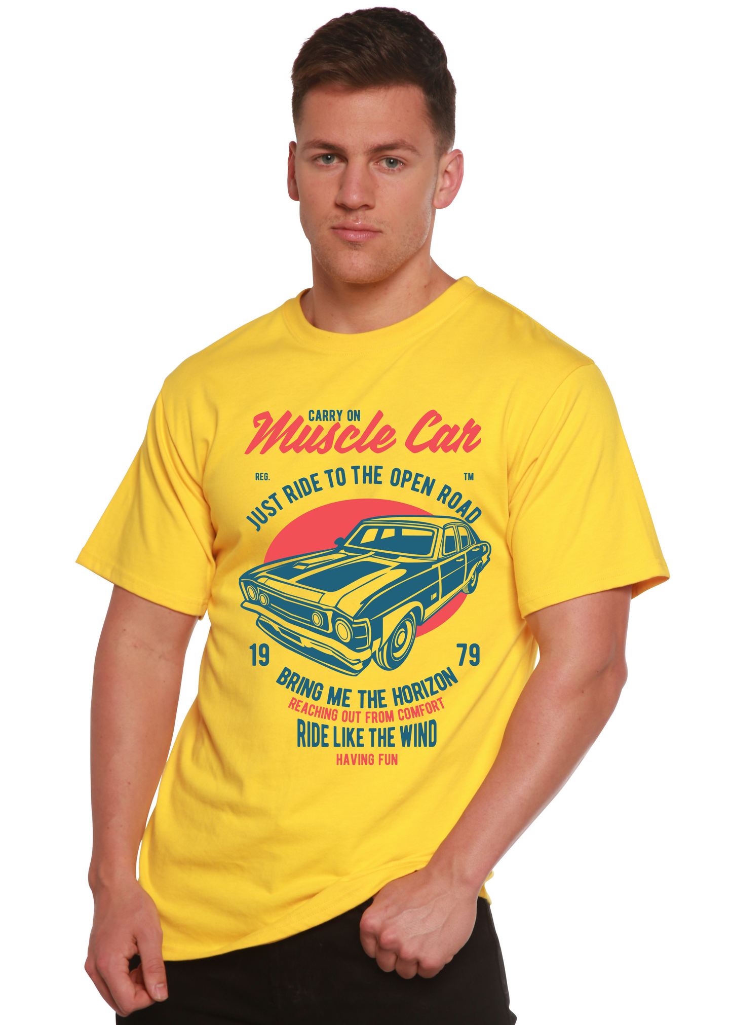 Muscle Car Spun Bamboo men's yellow short sleeve graphic tee with car print on Tampa Home & Garden Store