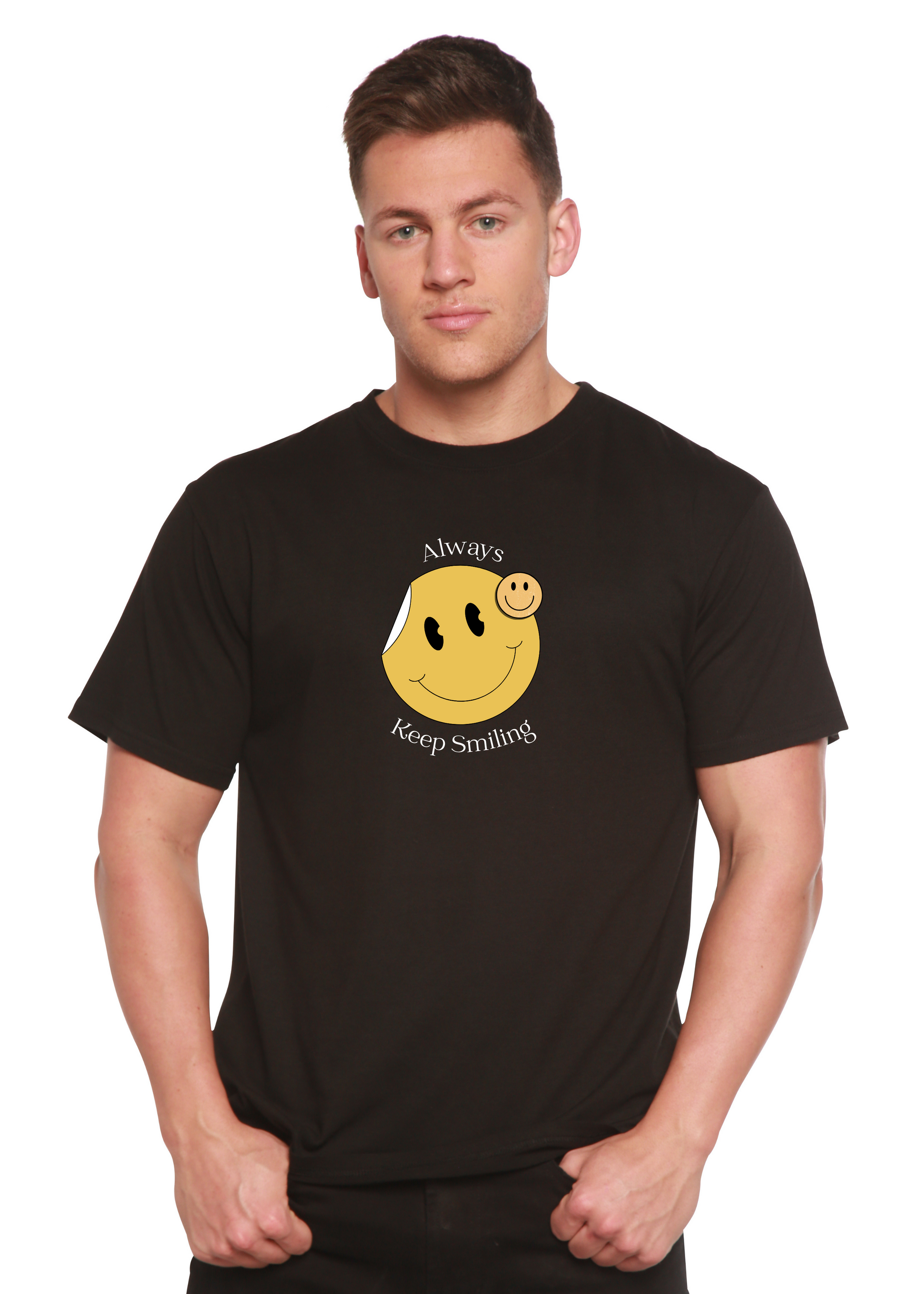 Mens graphic tee Spun Bamboo Always Keep Smiling, black short sleeves, yellow smiley graphic on Tampa Home & Garden Store