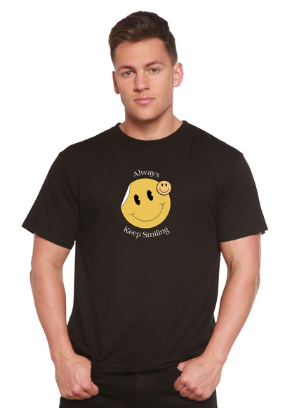Mens graphic tee Spun Bamboo Always Keep Smiling, black short sleeves, yellow smiley graphic on Tampa Home & Garden Store