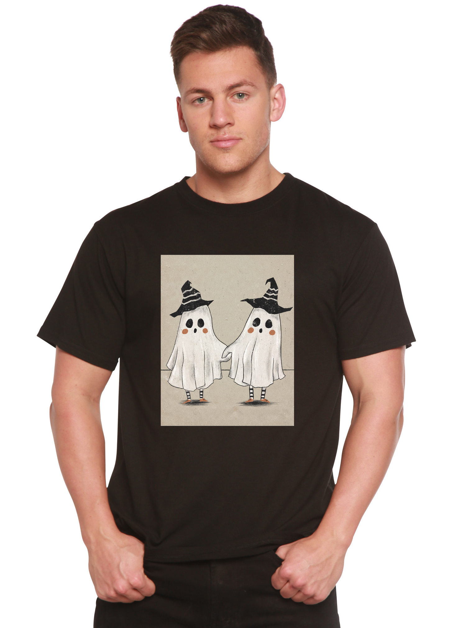 Black men's graphic tee by Spun Bamboo with cute ghost print on beige panel on Tampa Home & Garden Store